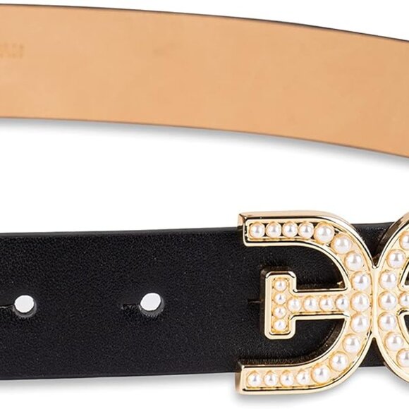 Women's Leather Belt Pearl Embellished Double-E Logo Buckle for Jeans Dresses - Picture 4 of 5